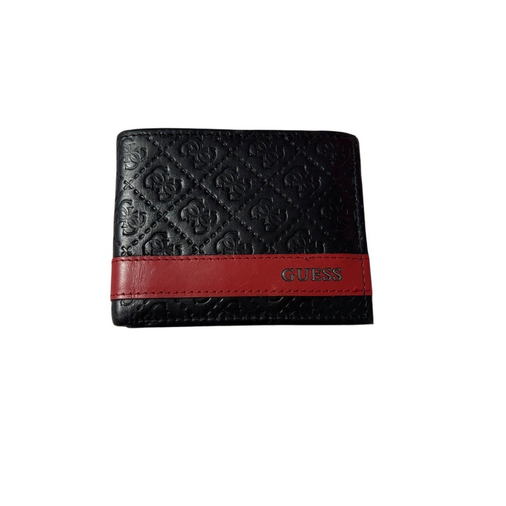 GUESS Mens Black Red Bifold Wallet NWT‎ 31GU13X008 Design Stripe Textured